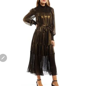 Alex Marie Raquel Metallic Chiffon Long Sleeve Mock Neck Maxi Dress